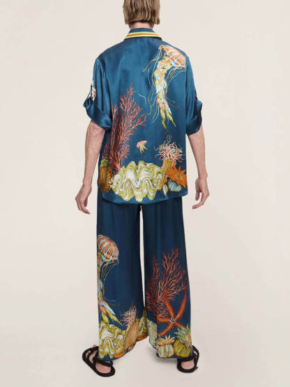 Classic Modern Feeling Unique Satin Ocean Animal Print Button Down Oversized Blouse
