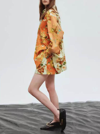 Casual Fashion Unique Print Button Shirt Elastic Drawstring Shorts Set