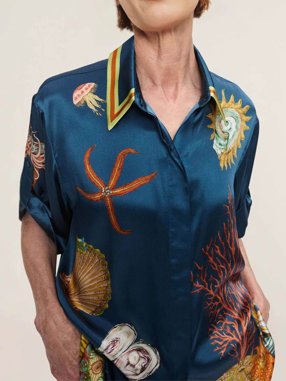 Classic Modern Feeling Unique Satin Ocean Animal Print Button Down Oversized Blouse