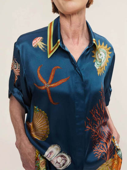 Classic Modern Feeling Unique Satin Ocean Animal Print Button Down Oversized Blouse