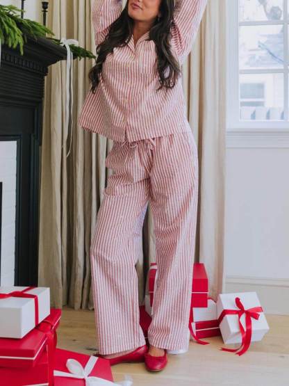 Pink Loose Striped Print Festive Pajama Set