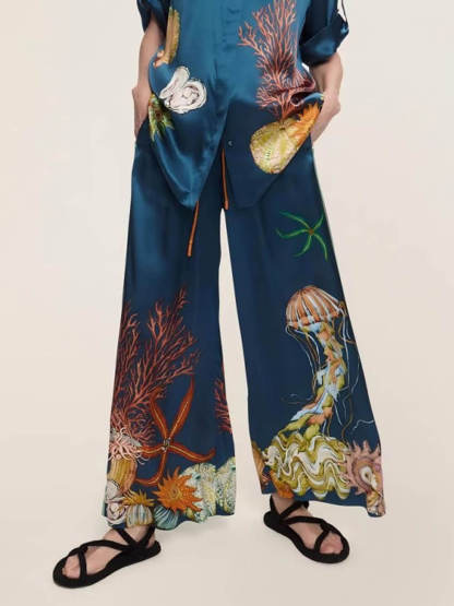 Classic Modern Feeling Unique Satin Ocean Animal Print Button Down Oversized Blouse
