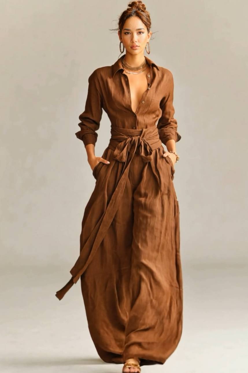 Minimalist Shirt And Lace-Up Wide-Leg Pants Set
