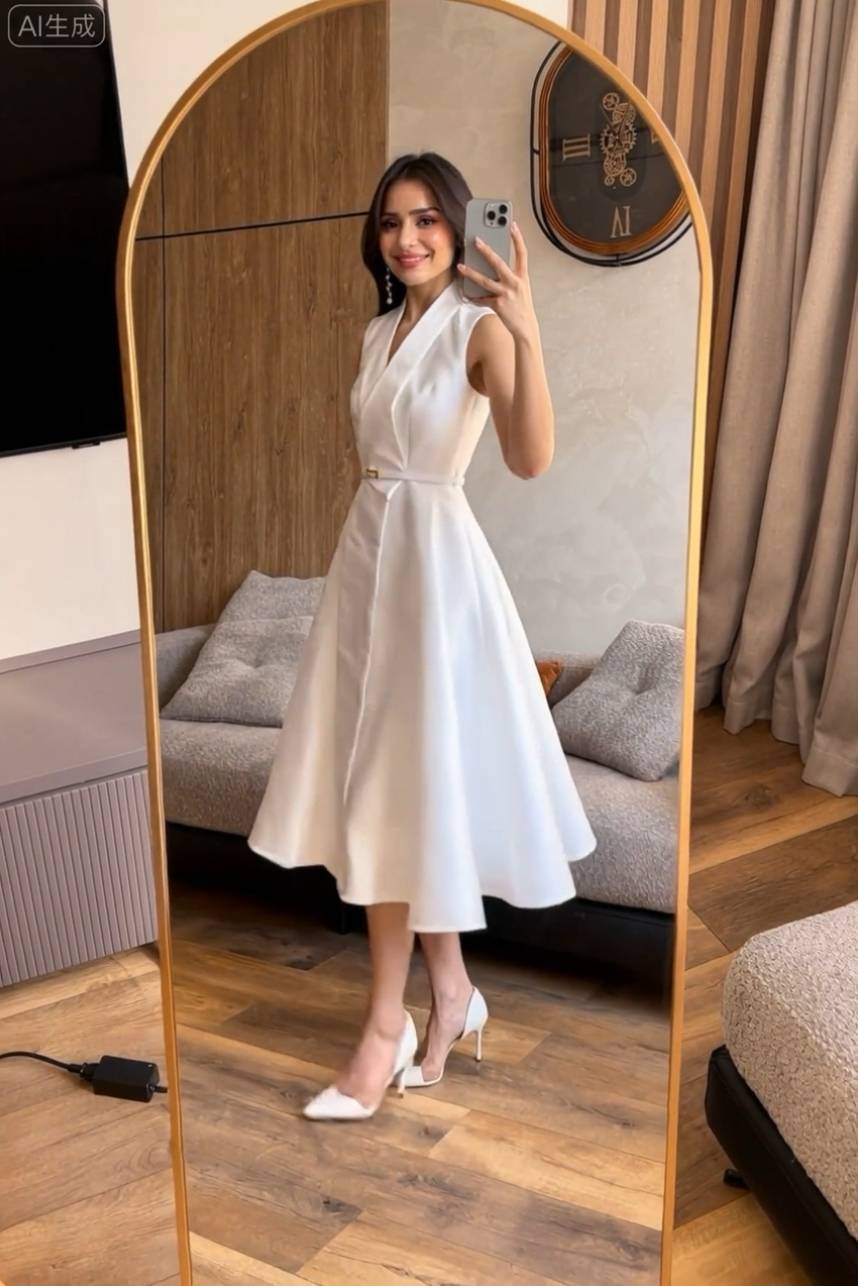 V-Neck High-waisted A- Line Midi Dress