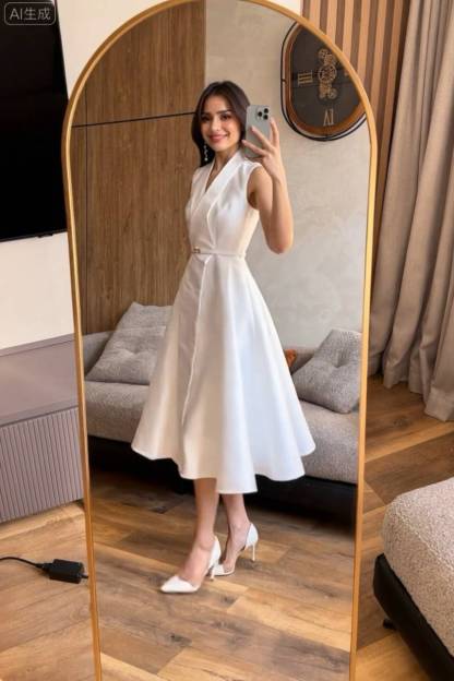 V-Neck High-waisted A- Line Midi Dress