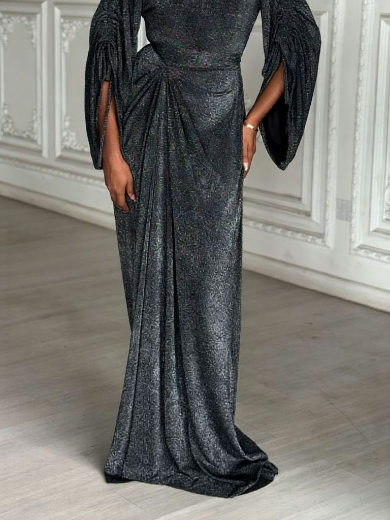 Elegant Metallic Knit Drawstring Sleeve Maxi Dress