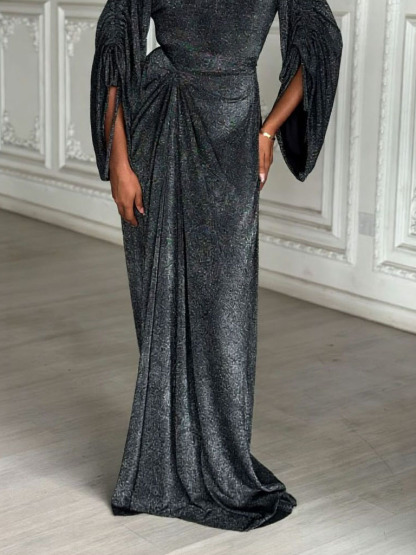 Elegant Metallic Knit Drawstring Sleeve Maxi Dress