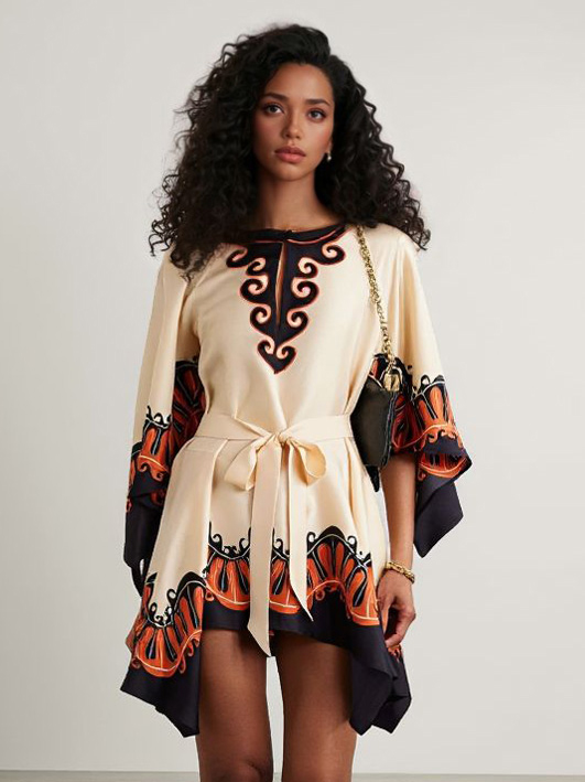 Unique Vintage Bohemian Print Lace-Up Mini Dress