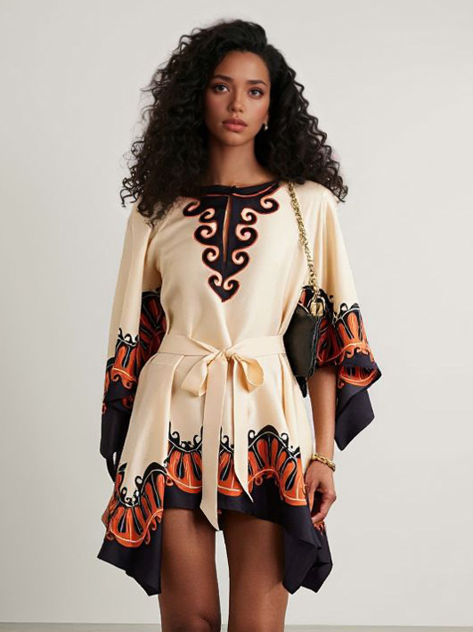 Unique Vintage Bohemian Print Lace-Up Mini Dress