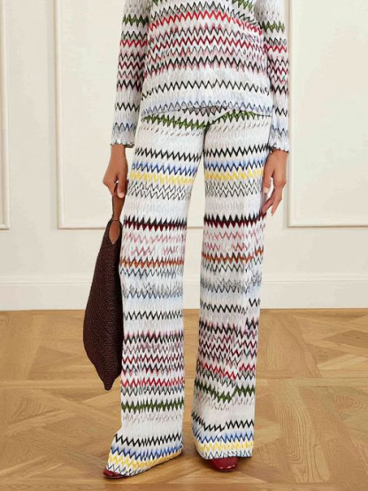 Geometric Zigzag Print Long-Sleeve Top & Wide-Leg Pants Two-Piece Set