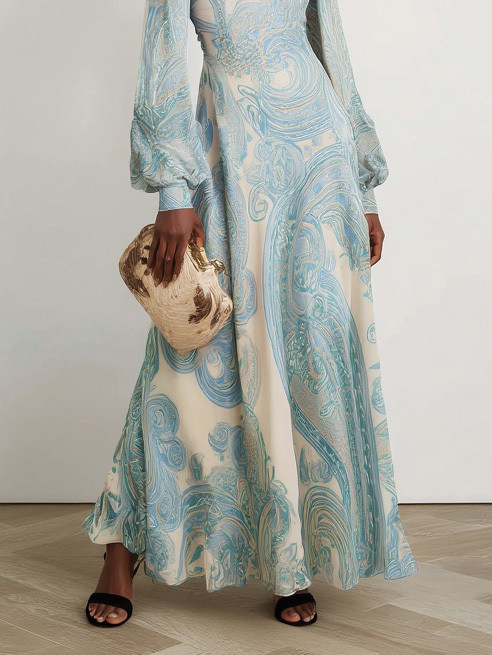 Elegant Paisley Print Chiffon Maxi Dress