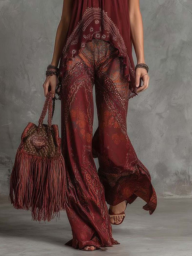 Vintage Printed Top & Pants Two-Piece Set