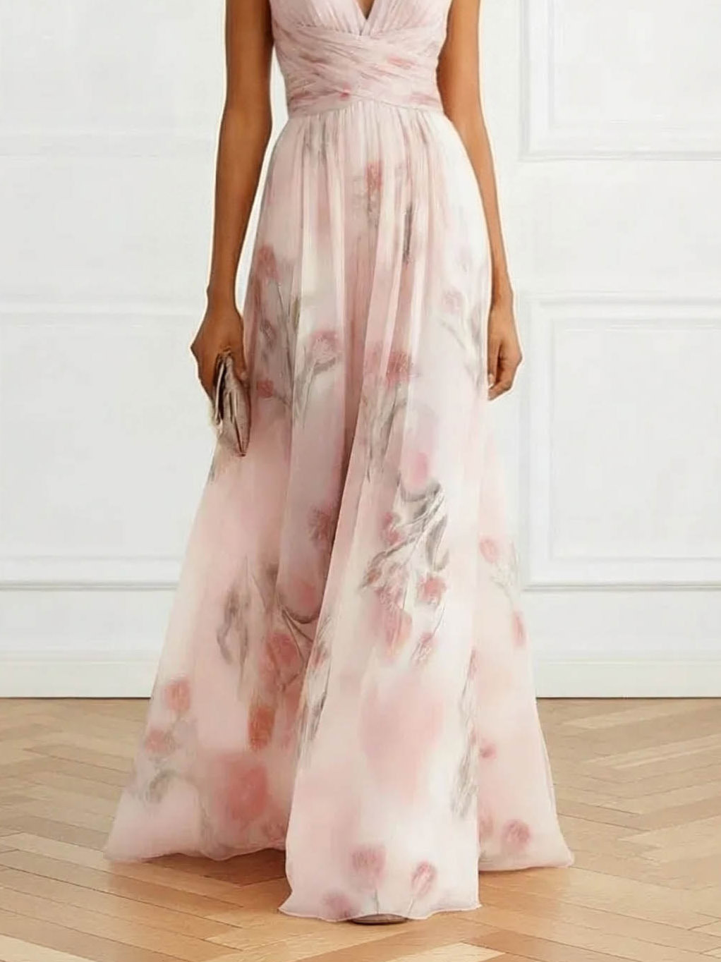Elegant V-Neck Floral Print Tulle Maxi Dress