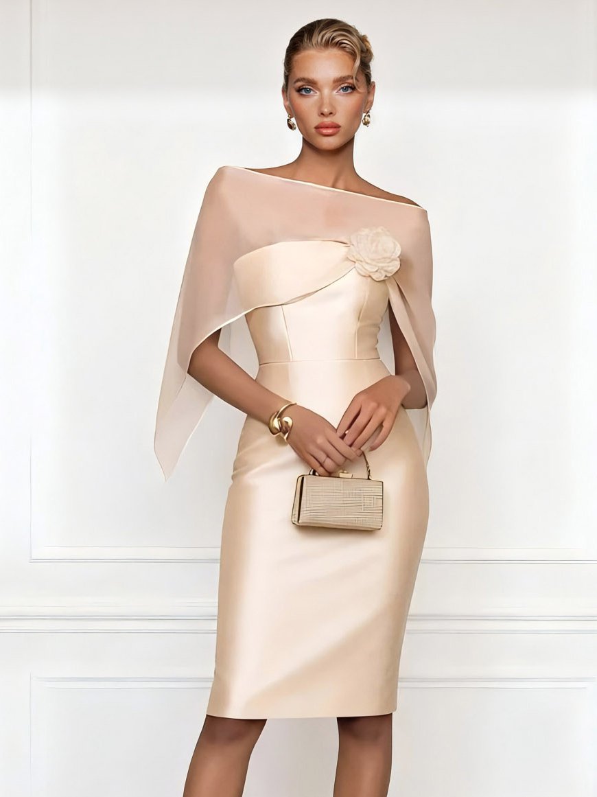 Asymmetrical One-Shoulder Sheer Shawl Satin Midi Dress