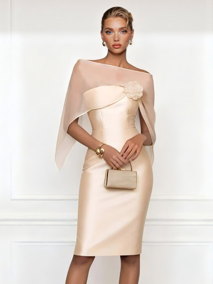 Asymmetrical One-Shoulder Sheer Shawl Satin Midi Dress