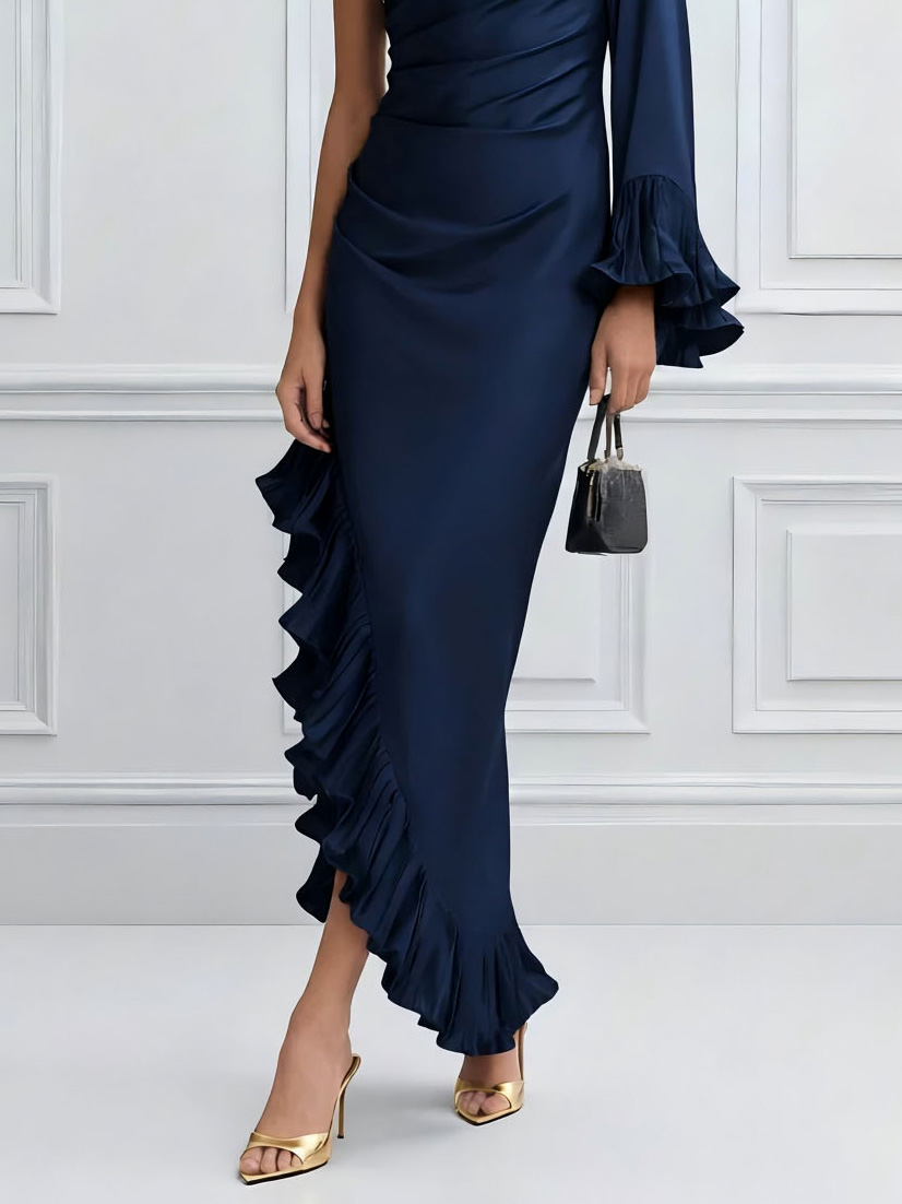 One-Shoulder Ruffle Trim Satin Maxi Dress