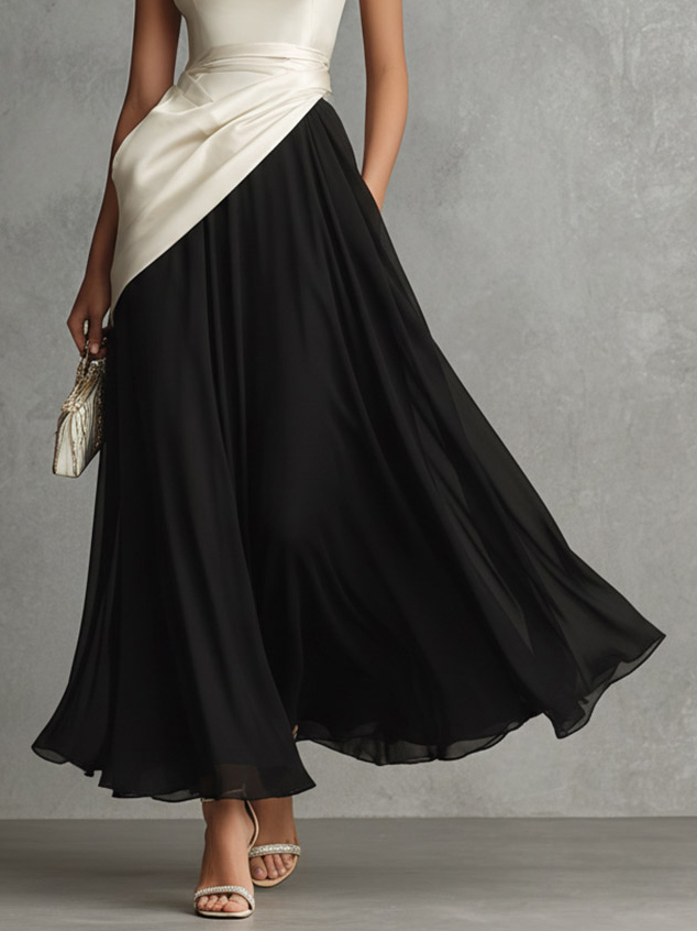 Elegant Color-Block Strapless Satin Maxi  Dress