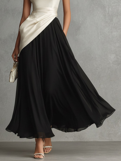Elegant Color-Block Strapless Satin Maxi  Dress