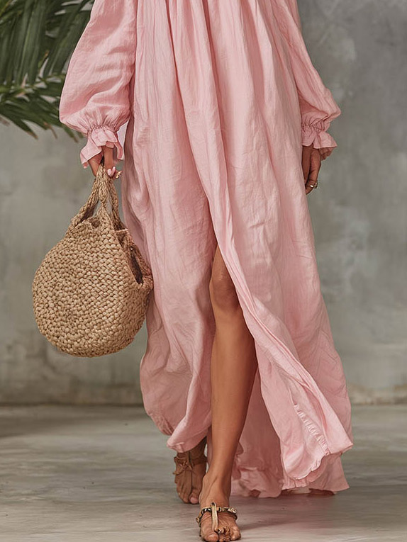 Casual Off-Shoulder Puff Sleeve Ruffle Maxi Dress