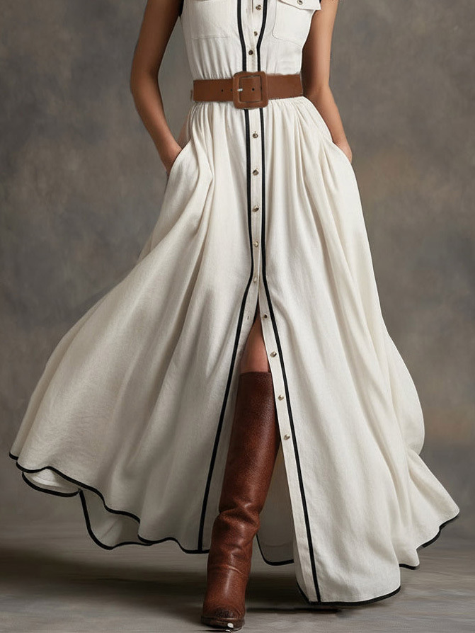 Elegant Piped Collar Shirt-style Maxi Dress