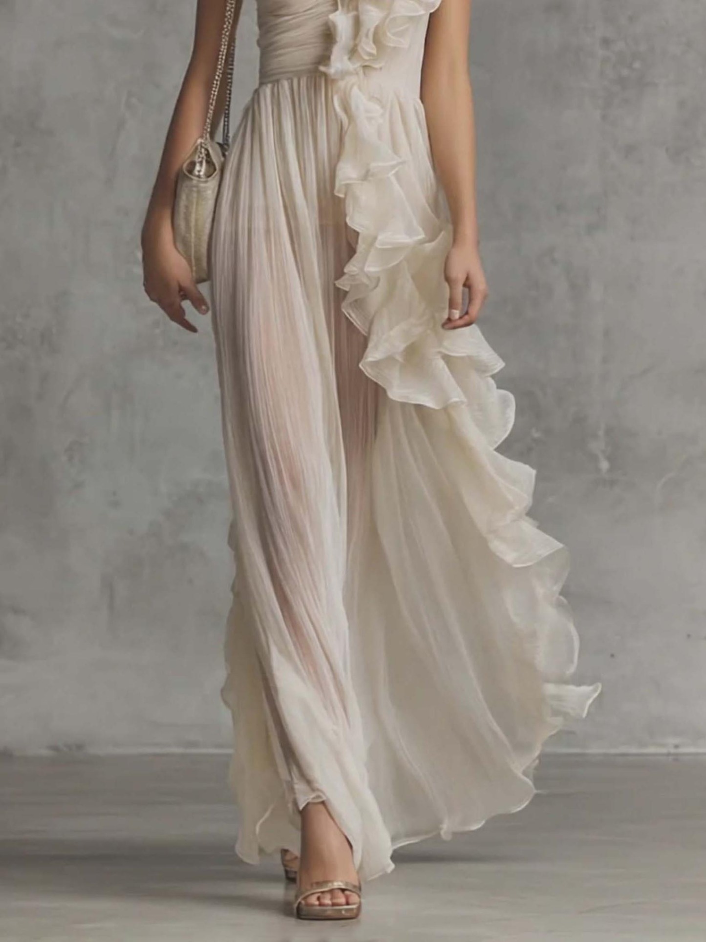 Elegant One-Shoulder Ruffle Chiffon Pleated Maxi Dress