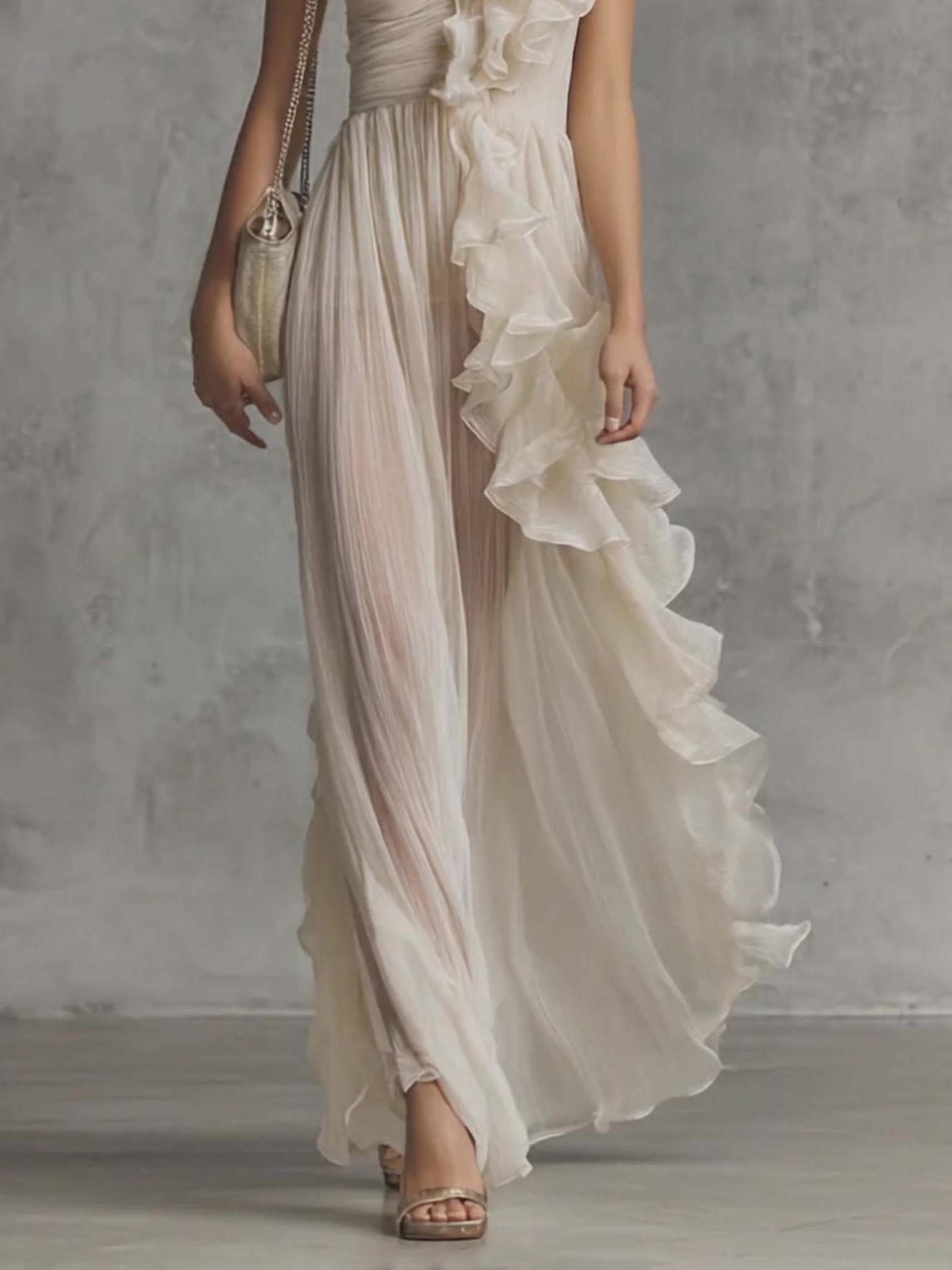 Elegant One-Shoulder Ruffle Chiffon Pleated Maxi Dress