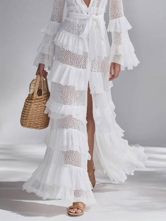 Bohemian Sheer Lace Ruffle Wrap Maxi Dress