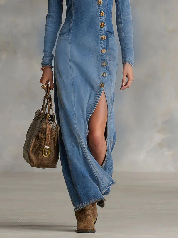 Button-Front V-Neck Denim Maxi Dress