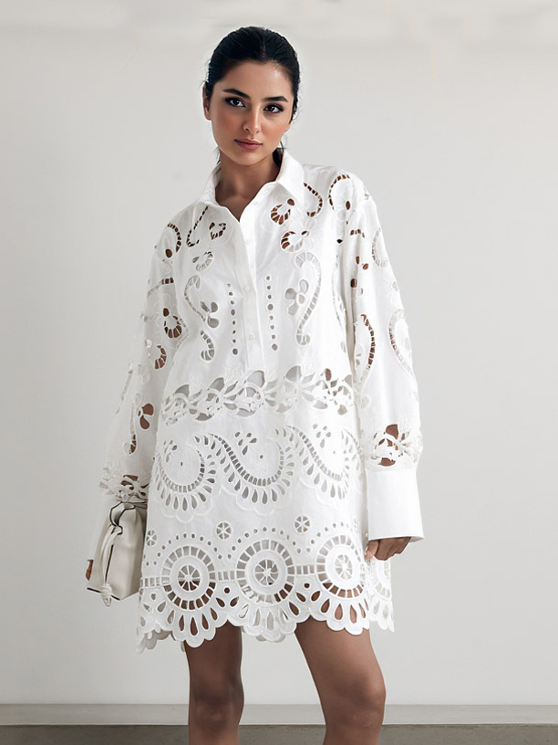 Exquisite Relaxed-Fit Cutout Lace Shirt Dress