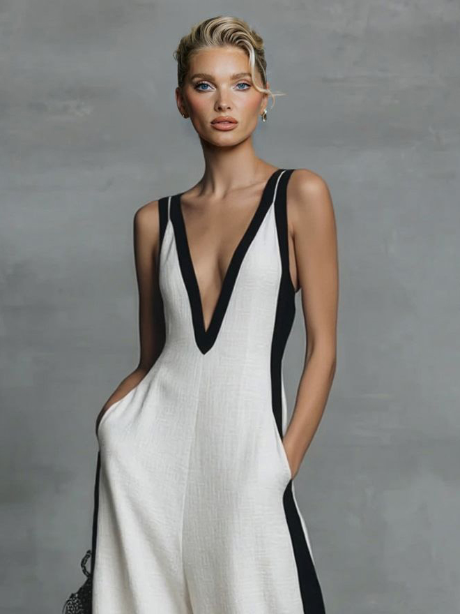 Elegant Sleeveless Deep V-Neck Contrast-Panel Wide-Leg Jumpsuit
