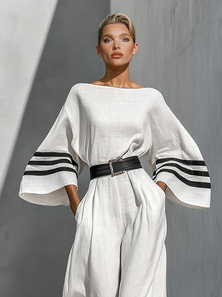 Minimalist Striped Tie-Waist Bell-Sleeve Jumpsuit