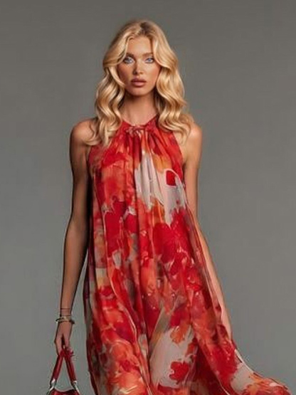 Elegant Watercolor Floral Backless Sheer Maxi Dress