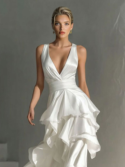 Elegant Satin Deep V-Neck Layered Ruffle Maxi Dress