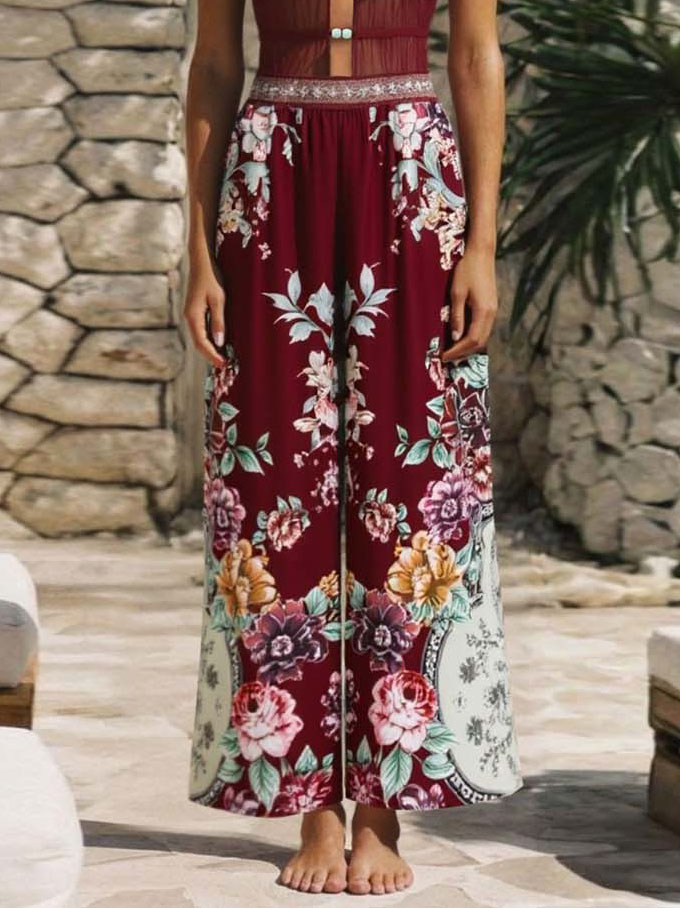 Floral Openwork Mesh One-Piece Swimsuit & Pants Set