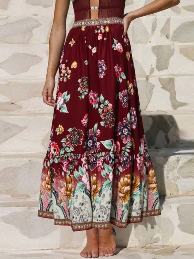 Floral Openwork Mesh One-Piece Swimsuit & Skirt Set