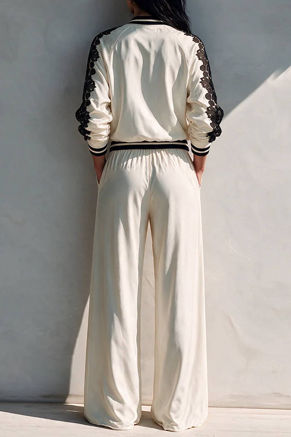Ribbed Collar Zip‑Up Lace Splice Jacket & Elastic Waist Wide Leg Pants Two‑Piece Set