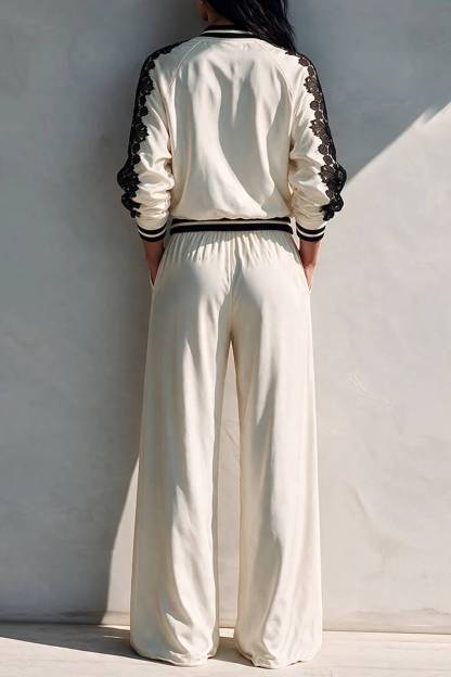 Ribbed Collar Zip‑Up Lace Splice Jacket & Elastic Waist Wide Leg Pants Two‑Piece Set