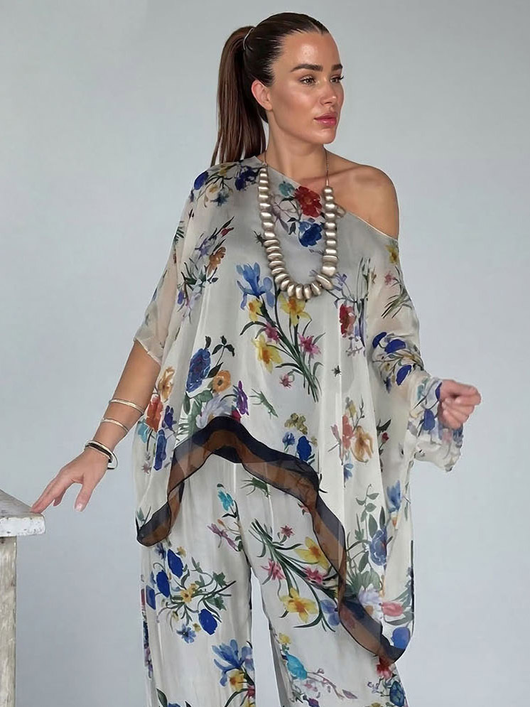Elegant Sheer Floral Print Asymmetrical One-Shoulder Top & Wide Leg Pants Set