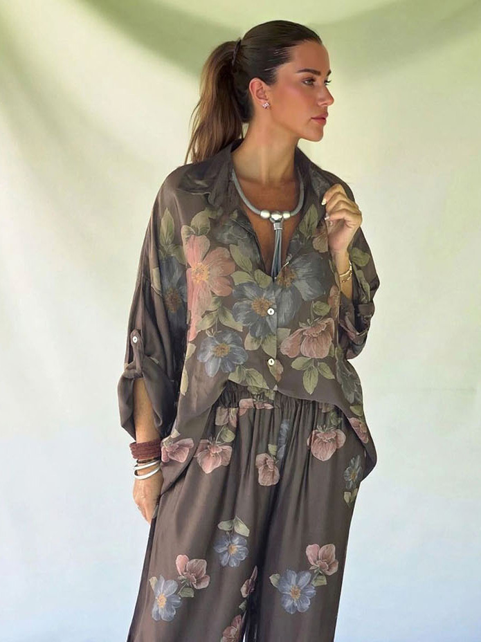 Retro Floral Print Collared Shirt & Elastic Waist Wide-Leg Pants Two-Piece Set