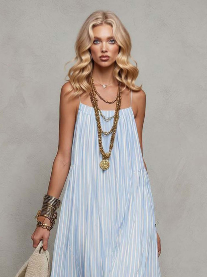 Casual Striped Spaghetti Strap Ruffle Tiered Maxi Dress