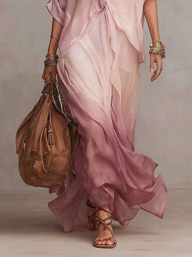 Elegant Gradient Print Layered Chiffon Maxi Dress