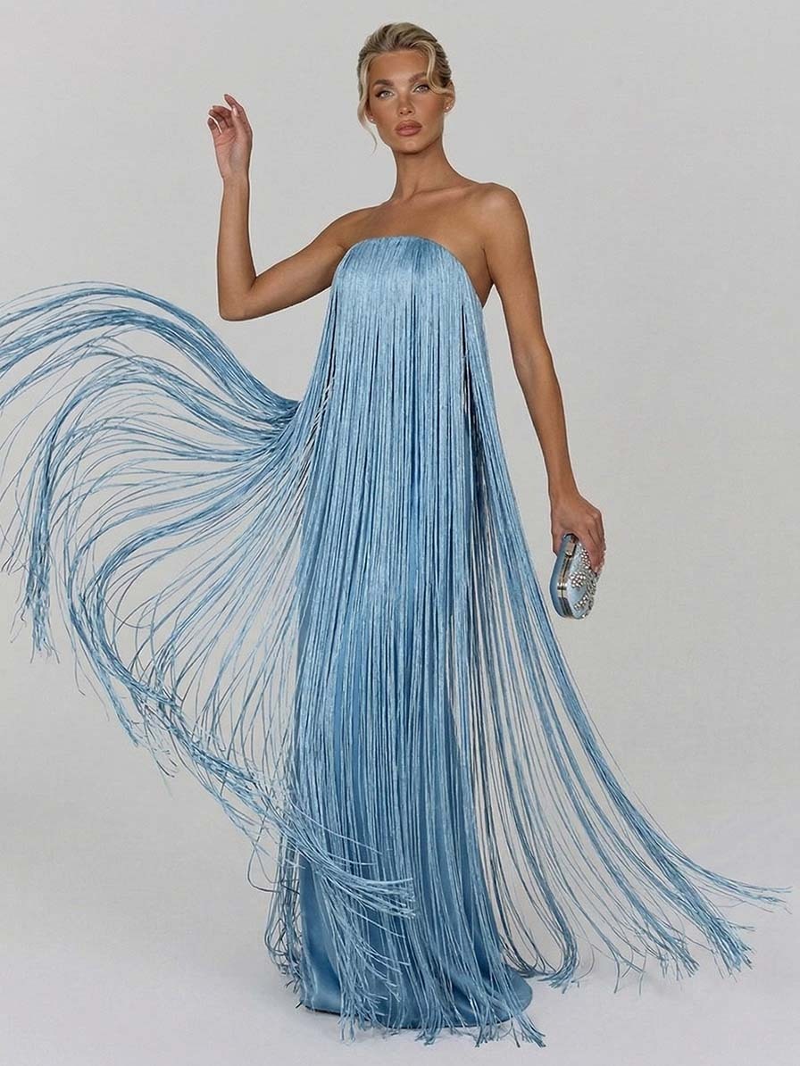 Elegant Strapless Fringe Formal Maxi Dress