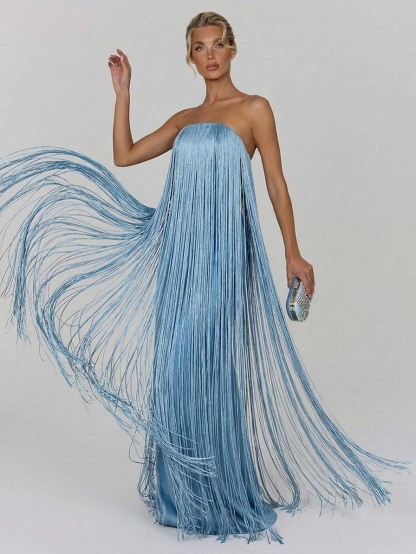 Elegant Strapless Fringe Formal Maxi Dress