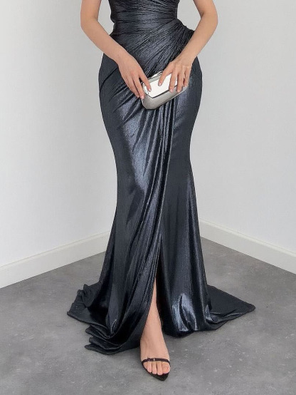 Elegant One-Shoulder Ruched Metallic Maxi Dress