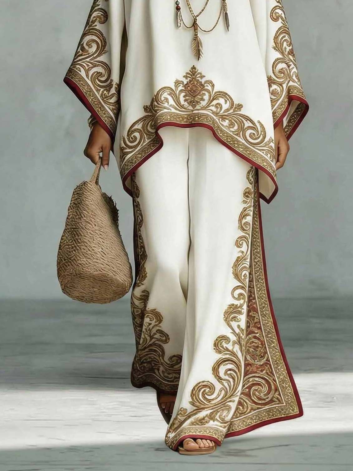 Elegant Satin Printed Oversized Shawl Top & Pants Two-Piece Set