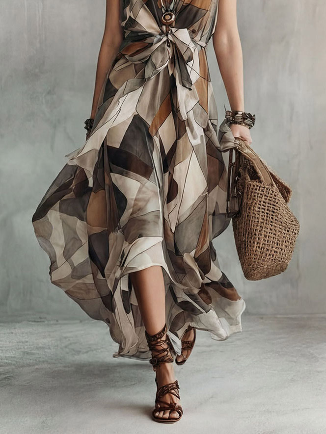 Retro Geometric Print Tie-Waist Maxi Dress