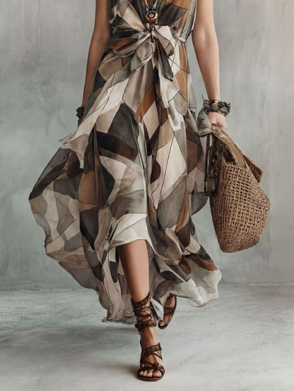 Retro Geometric Print Tie-Waist Maxi Dress