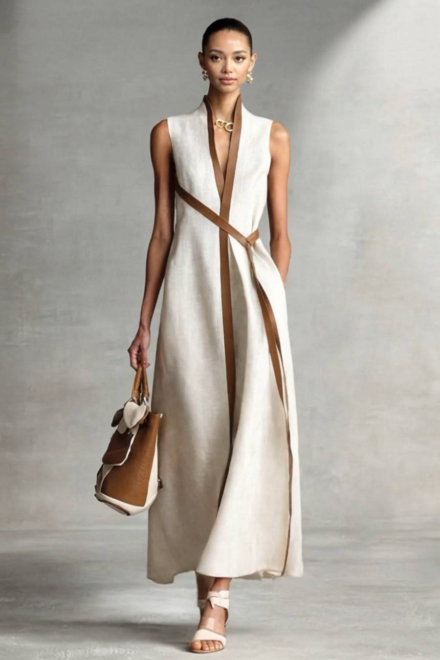 Stand Collar Lace-up Maxi Dress