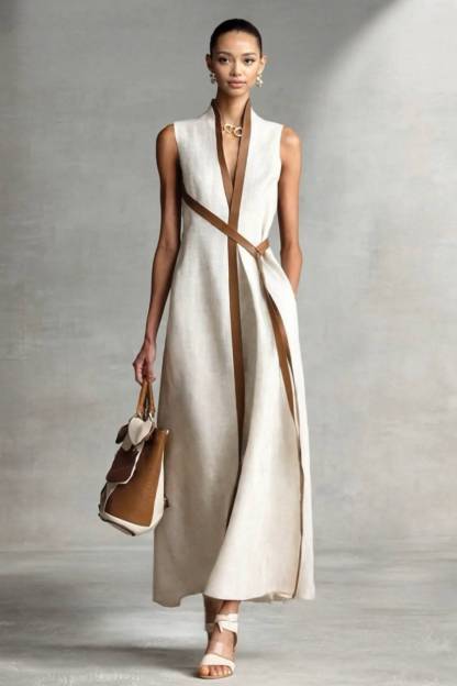 Stand Collar Lace-up Maxi Dress