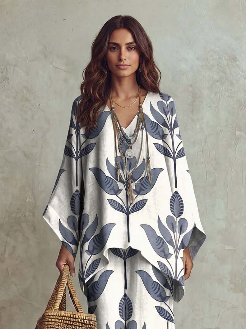 Casual Leaf Print Batwing Sleeve Loose Two-Piece Set